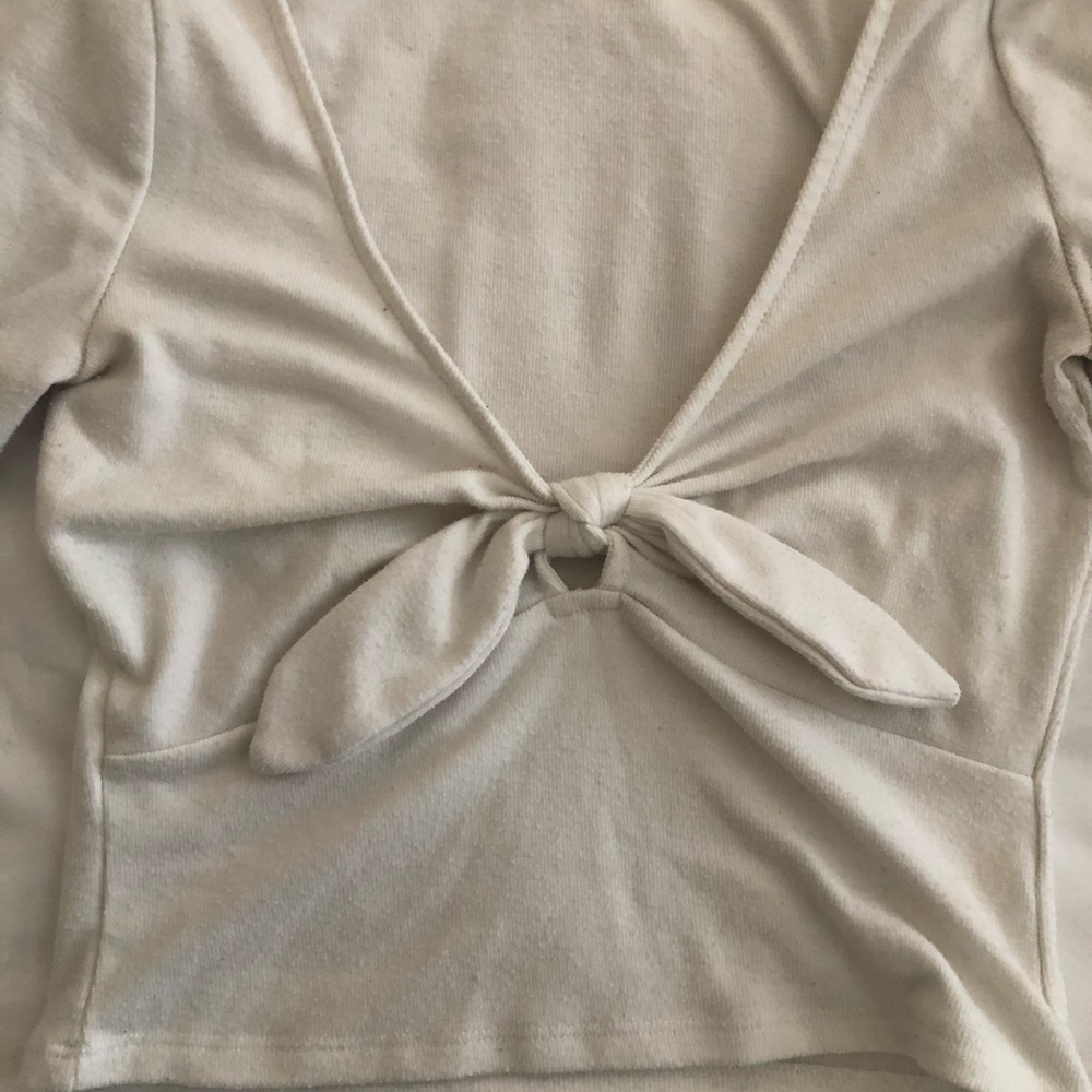 White Ribbed Tie Front Top - Picture 3 of 4